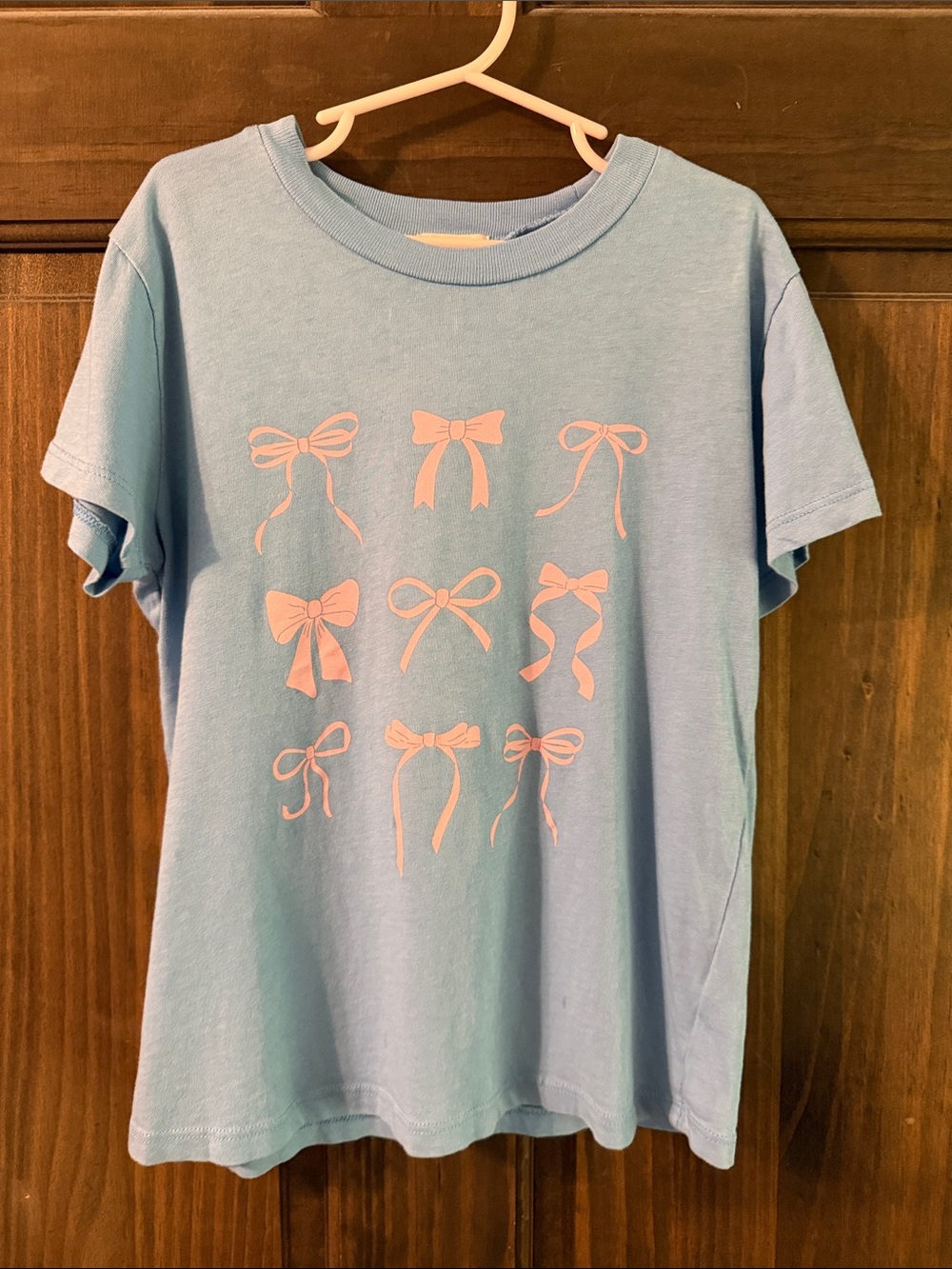Girls' Sky Blue Bow Graphic Tee - Casual Short Sleeve